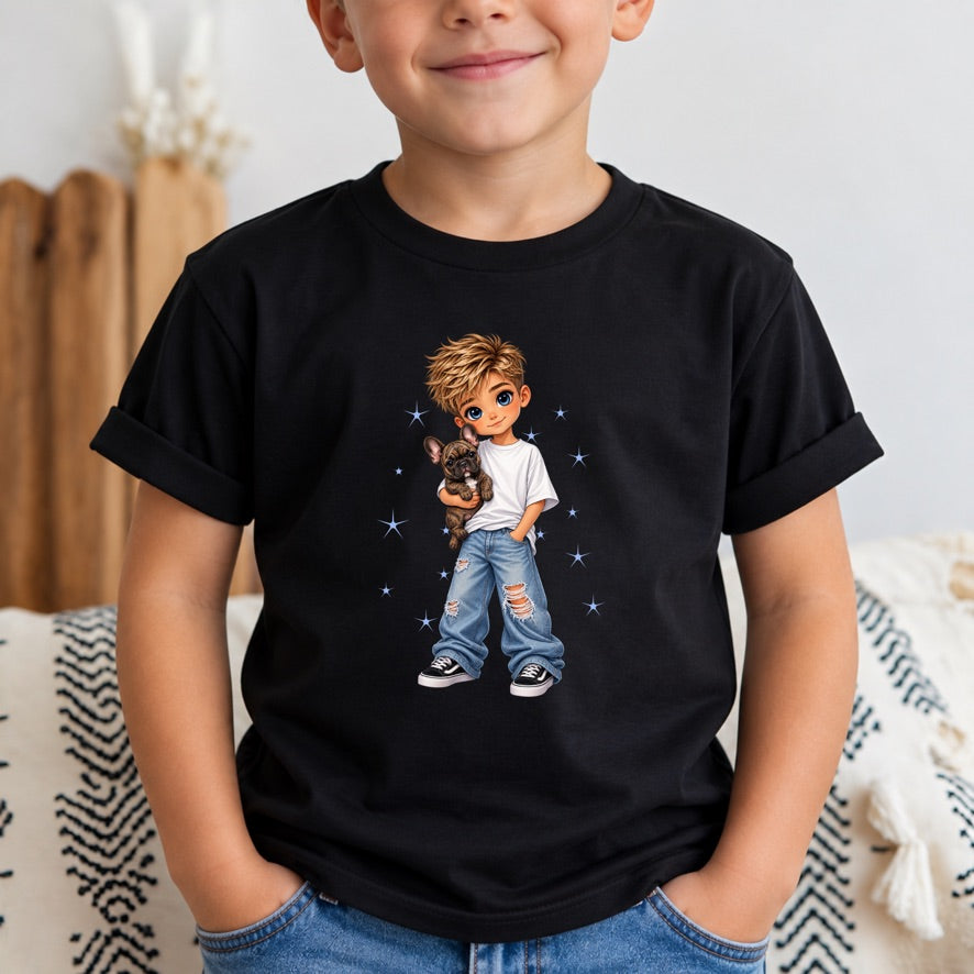 Boy & French Bulldog Kids T-Shirt | Cute Frenchie Dog Lover T-Shirt