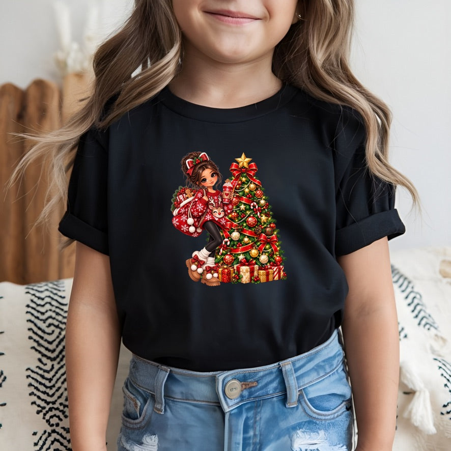 Girls Christmas T-Shirt – Festive Christmas Girl & Tree Kids T-Shirt – Cute Christmas Tee