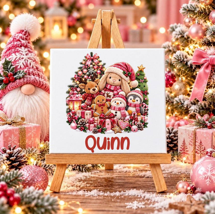 Personalised Cute Christmas Characters Ceramic Tile with Wooden Display Stand