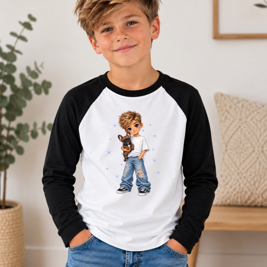 Boy & French Bulldog Kids Long Sleeve T-Shirt | Frenchie Dog Lover Top