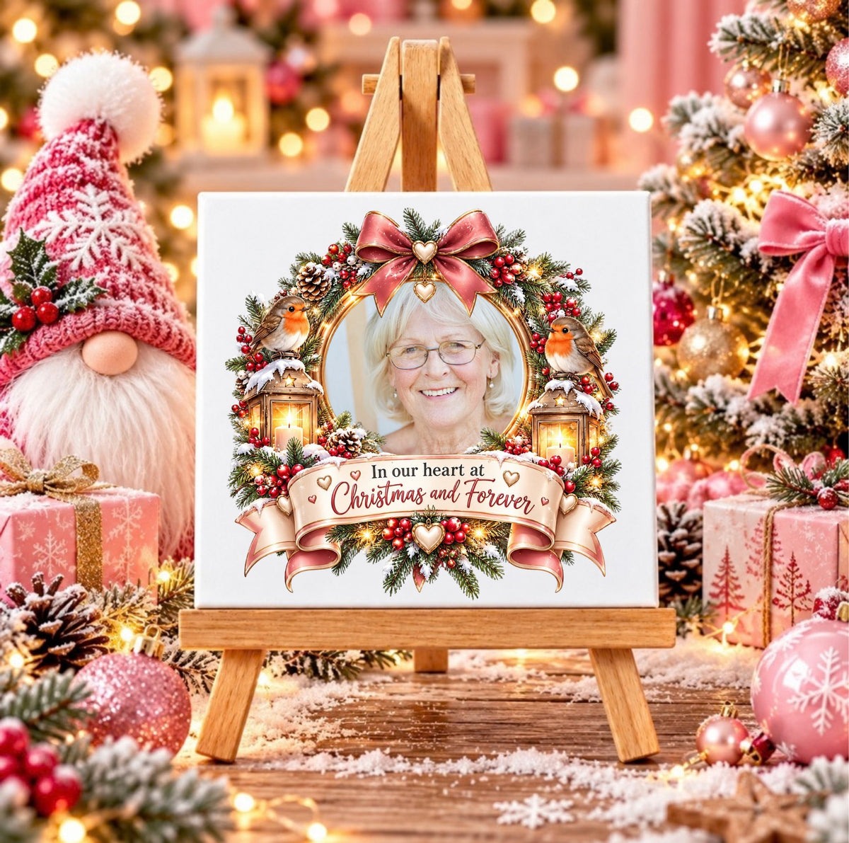 Personalised Christmas Memorial Photo Ceramic Tile with Wooden Display Stand – In Our Hearts at Christmas