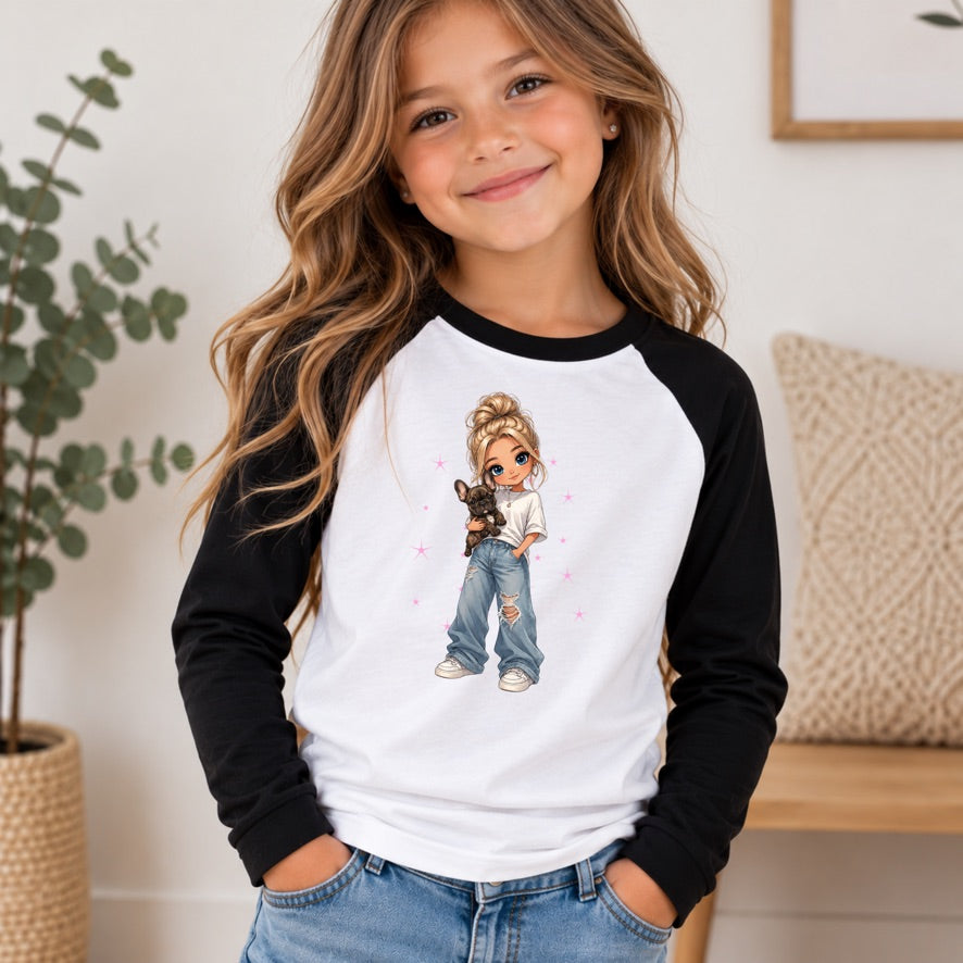 Girl & French Bulldog Kids Long Sleeve T-Shirt | Frenchie Dog Lover Top