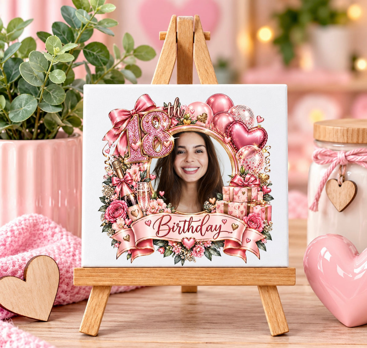 A square custom photo canvas print displayed on a small wooden easel. The print features a pink and rose gold birthday theme with balloons, ribbons, gifts, and a circular photo frame containing a smiling woman's face.