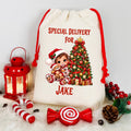 A cream-colored fabric Christmas gift sack with red drawstrings, printed with 'SPECIAL DELIVERY FOR JAKE' and a festive illustration of a child and a decorated Christmas tree. The sack is styled on a white faux-fur surface with red holiday props including a lantern, candy canes, a lollipop-shaped ornament, pinecones, and berry sprigs.