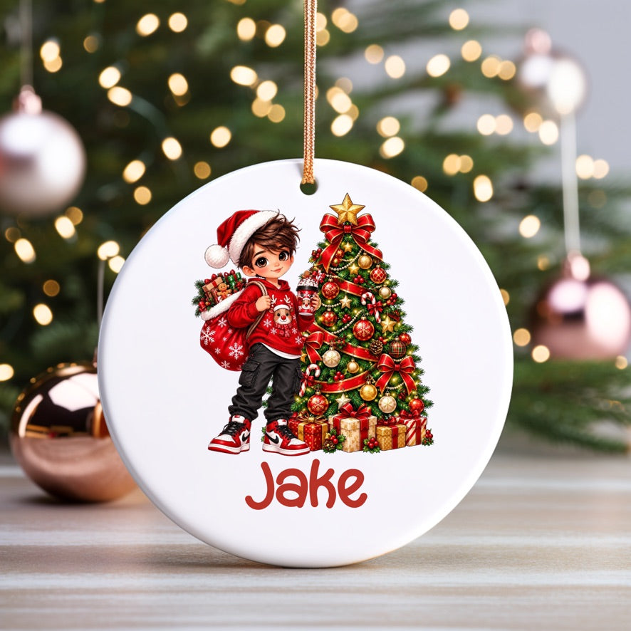 A round white ceramic Christmas ornament hanging from a gold string, featuring a cartoon illustration of a boy in a Santa hat next to a decorated Christmas tree, with the name 'Jake' written in red at the bottom. The ornament is displayed on a wooden surface with a blurred Christmas tree and ornaments in the background.