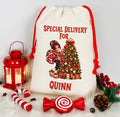 A cream-colored canvas Christmas stocking bag with red drawstrings, featuring a printed illustration of a girl decorating a Christmas tree and the text 'SPECIAL DELIVERY FOR QUINN'. The bag is styled on a white faux fur surface with holiday props including a red lantern, candy canes, a red lollipop, pinecones, and red berries.