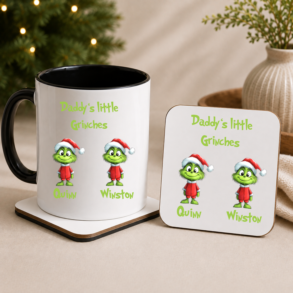 Personalised Daddy's Little Grinches Christmas mug and coaster set with children's names. A cute, funny festive gift for Dad from the kids.
