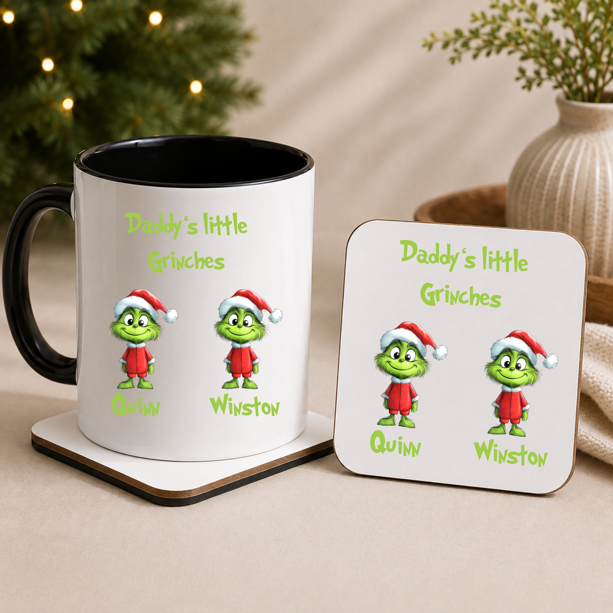 Personalised Daddy's Little Grinches Christmas mug and coaster set with children's names. A cute, funny festive gift for Dad from the kids.