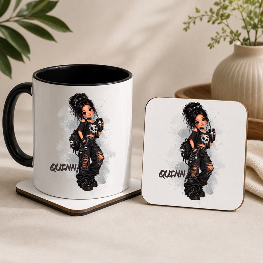 Personalised Goth Girl Mug & Coaster Set – Alternative Gothic Gift – Custom Name Mug
