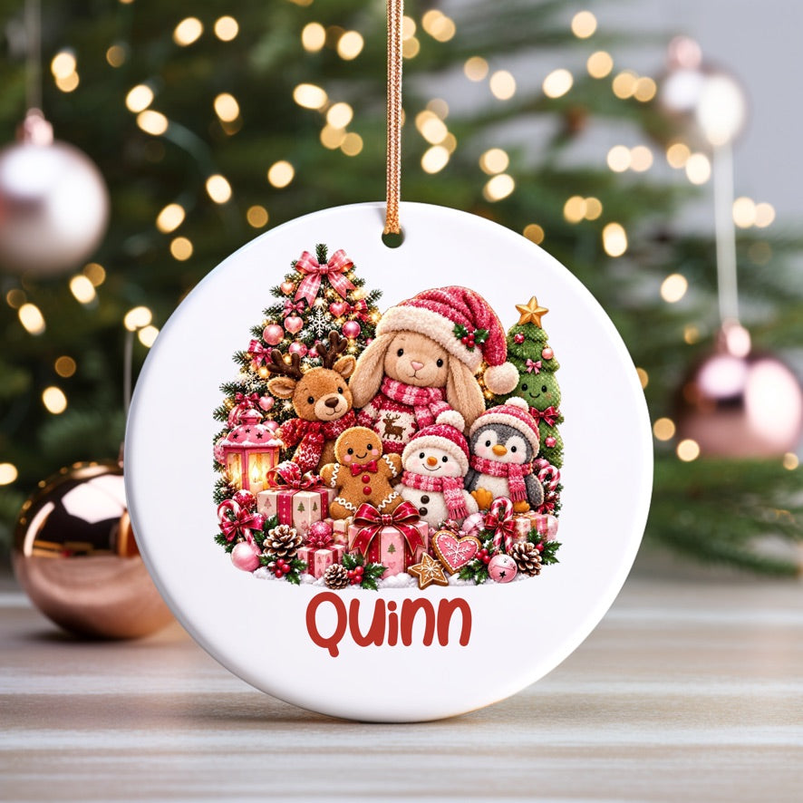 A round white Christmas ornament with a hanging loop, featuring a festive illustration of teddy bears, a bunny, Santa, gifts, and the name 'Quinn' in red script at the bottom. The ornament is displayed on a wooden surface with blurred Christmas lights and ornaments in the background.