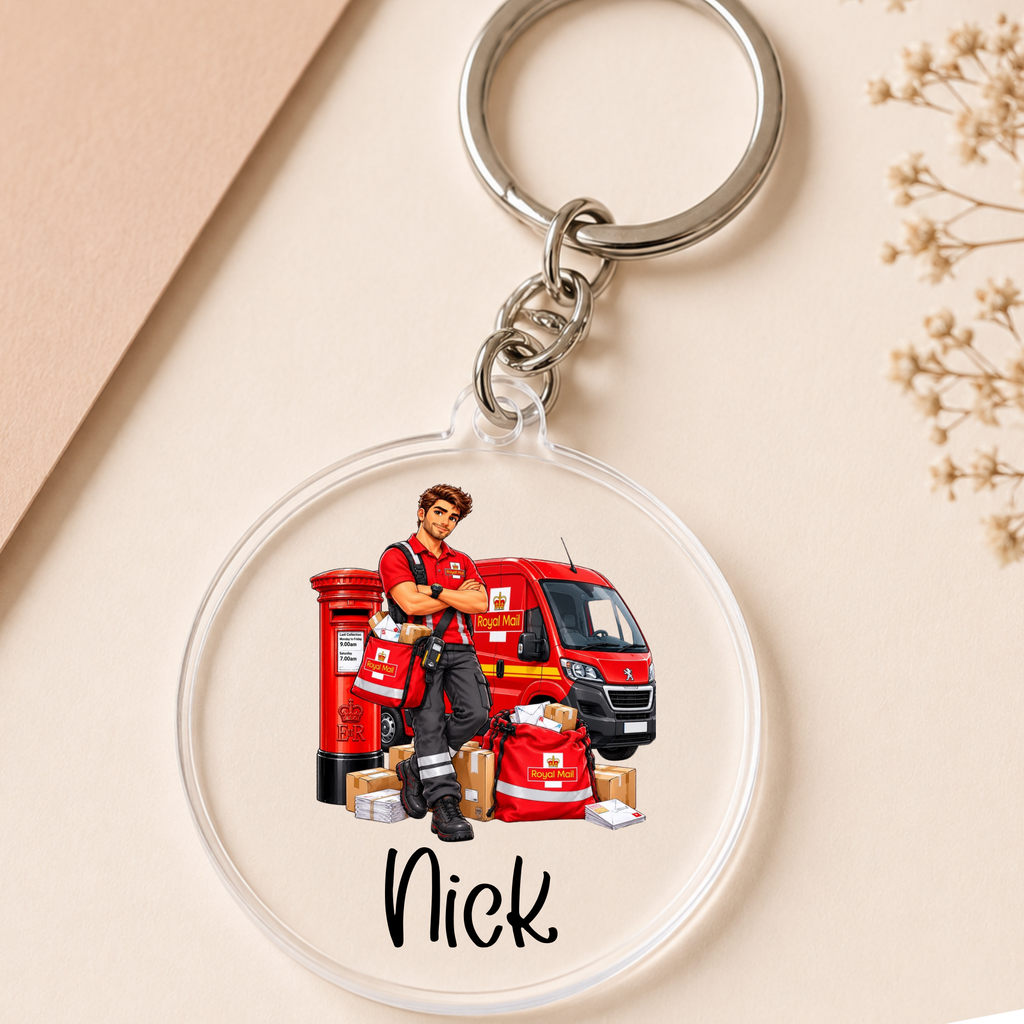 A personalized acrylic keychain featuring an illustration of a red postal worker named Nick leaning against a red van with packages, attached to a silver split ring on a beige background.