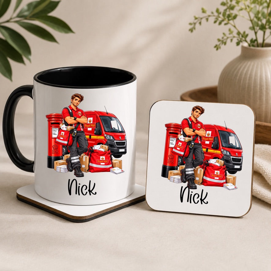 Personalised Postman Mug & Coaster Set | Custom Name Postal Worker Gift | Postie Thank You Gift