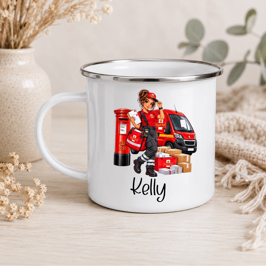 Personalised Postwoman Enamel Mug | Custom Name Postie Mug | Female Postal Worker Gift