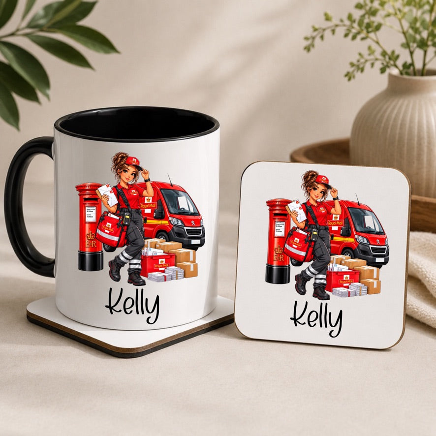 A white ceramic mug with a black handle and interior, alongside a matching square coaster, both printed with a personalized illustration of a postman in red uniform next to a red post box and van, with the name 'Kelly' in black script. The scene is styled on a beige surface with soft background props including a vase and leaves.