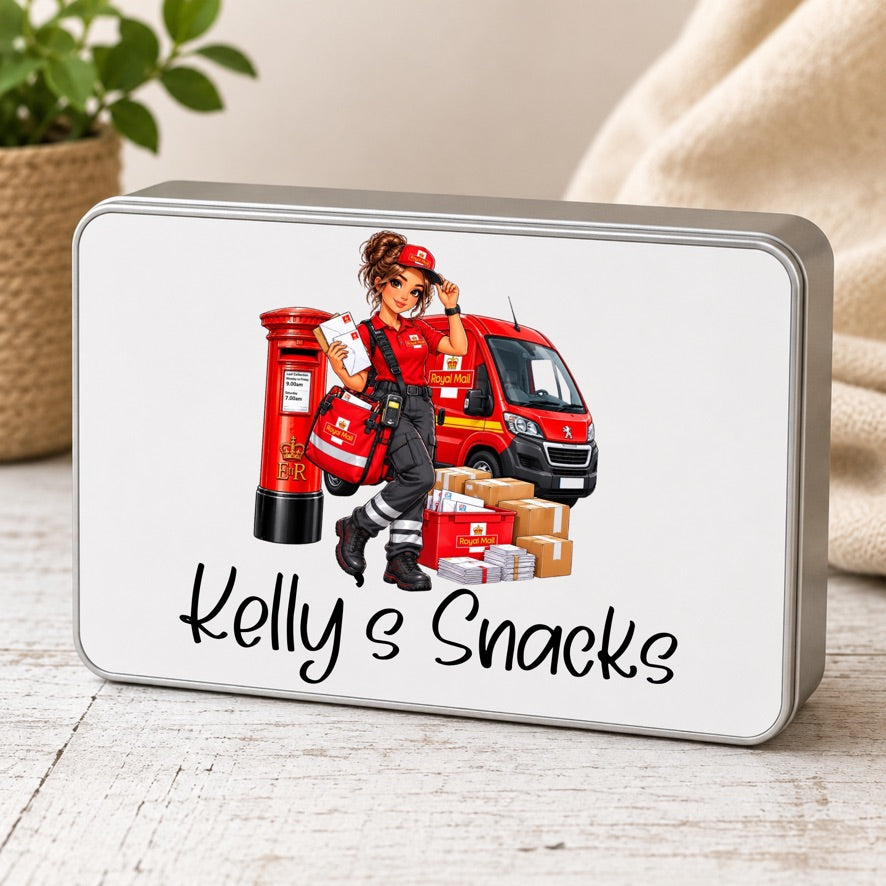 A rectangular metal tin with rounded corners, featuring a custom illustration of a postman in a red uniform next to a red post box, van, and packages, with the text 'Kelly's Snacks' written in black script. The tin is shown on a light wooden tabletop with a neutral background.