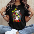 Shop our funny Mama Grinch Christmas T-shirt featuring a sassy green festive character with leopard print and coffee. A cute Christmas gift for Mum.